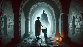 Kwame Boateng, con una linterna en mano, se enfrenta a la fantasmal aparición de Kojo Amissah, que flota cerca de un antiguo tambor en el castillo.
