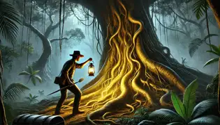 Por la noche, Elías corta en secreto la corteza del árbol de fruta de pan, haciendo que el suelo tiemble y que el árbol brille con una energía ominosa.