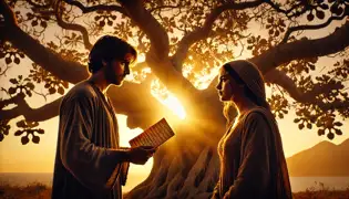 Bajo un atardecer dorado, Karim y Layla se encuentran debajo de la higuera, sosteniendo cartas antiguas, reconociendo su amor a través del tiempo.