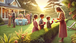 Primo ofreciendo limonada helada a los niños en el borde de la fiesta en el jardín