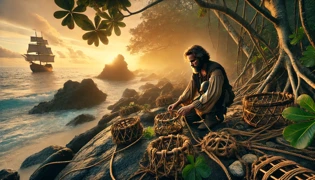 Crusoe colocando trampas para la fauna de la isla a lo largo de una escarpada costa