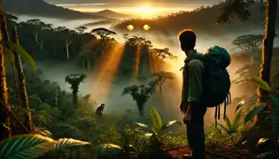 Diego se encuentra al borde de la jungla al amanecer, mirando hacia atrás a Corcovado, donde dos brillantes ojos dorados lo observan desde la niebla.