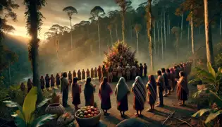 Los aldeanos presentan tributos al borde del bosque de Ybycuí, mostrando su respeto por Tupára.