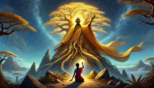 Tariro se arrodilla ante el gran baobab dorado en la cumbre de la montaña mientras Mwari le otorga una hoja dorada.