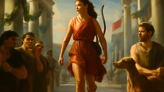 Atalanta stands in the palace courtyard as Greek heroes react with surprise and pride.