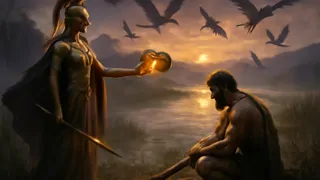 Athena appears before Heracles in shining armor, gifting him bronze krotala by the misty marsh.