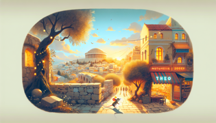 A determined mouse scurrying through ancient stone walls with modern city lights in the background
