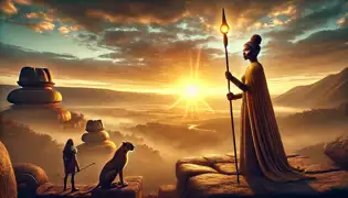 Al amanecer, Nyasha se encuentra en lo alto de las ruinas con el bastón del Guardián, observando la tierra mientras Tariro lo mira con asombro.