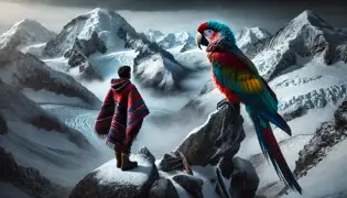 Tupan, envuelto en un poncho andino, se erige en la cima de una montaña frente al legendario loro andino, cuyas plumas de colores brillantes resplandecen.
