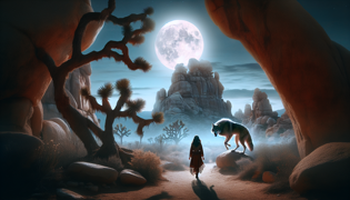 Aiyana se encuentra con el Skinwalker en los Cañones Susurrantes bajo la luz de la luna.
