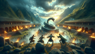 The Ayar brothers battling the ancient serpent Uchuyuq