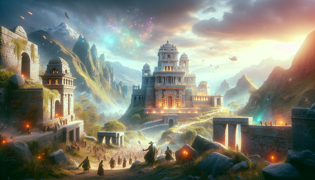 The Ayar brothers establishing the Inca Empire amidst grand architecture
