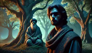 Aziz, ahora mayor, se mantiene solemnemente al lado de la tumba de Baba Darwish en el misterioso bosque, mientras los árboles susurran en reconocimiento a su nuevo guardián.
