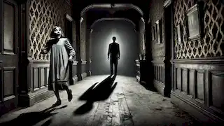 Lucy retrocede en estado de shock al ver una sombra definida que se dibuja al frente en un pasillo oscuro, lleno de tensión y miedo.