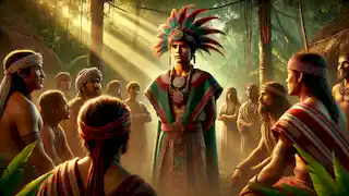 El joven Kukulkán, vestido con atuendos tradicionales, se erige en el centro de una antigua aldea maya, mientras los aldeanos lo observan con admiración.