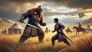 Zolgun se enfrenta a Arystan en las estepas, rodeado de caballos pastando y de lejanas yurts bajo un cielo nublado.