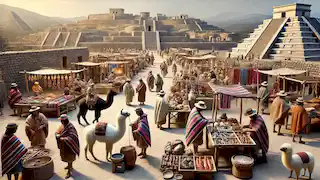 Un bullicioso mercado de Tiwanaku con comerciantes intercambiando lana de llama, herramientas de cobre y textiles.