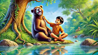 Mowgli y Baloo cantando junto al río.