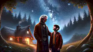 Fionn y Seamus están juntos bajo un cielo estrellado, compartiendo un momento de amistad.