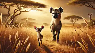 Kito la gacela y Jabari la hiena caminan lado a lado en la sabana, simbolizando su nueva amistad.