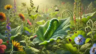 Una oruga se come una hoja en un prado lleno de flores cubiertas de rocío.