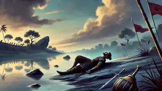 Duryodhana yace herido junto al río al anochecer, tras su combate con la maza contra Bhima, reflexionando sobre su derrota.