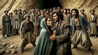 Fuera de la Cueva de los Amantes, Majid se coloca protectivamente frente a Leyla mientras un grupo de hombres enfurecidos los enfrenta.