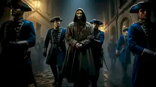 Los guardias reales escoltan al prisionero enmascarado por la noche a través de una calle estrecha y débilmente iluminada en Francia del siglo XVII.