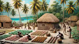 Los habitantes caribes cuidando sus cultivos y confeccionando canoas en una apacible isla tropical.