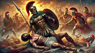 Héctor triunfa sobre Patroclo en el campo de batalla, rodeado de caos.