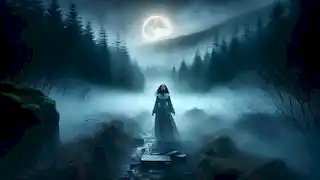 Saoirse O'Connor permanece inmóvil en un sendero boscoso envuelto en niebla, escuchando el lamento de la Banshee bajo el extraño resplandor de la luna llena.