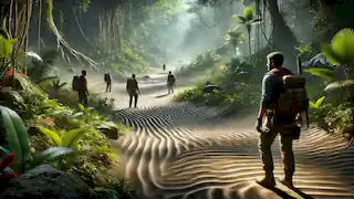 Un grupo de exploradores navega con precaución por una densa jungla llena de plantas luminiscentes, siguiendo los cambiantes patrones de arena.