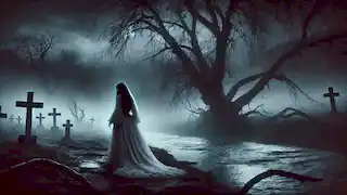 La Llorona deambula cerca de un río cubierto de niebla, su vestido blanco ondeando mientras busca a sus hijos perdidos en la noche.