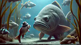Un pez grande enfrenta a un pez pequeño que sostiene con dudas el sombrero robado.