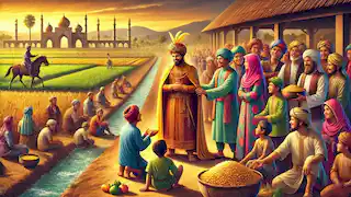 El sultán, humillado, reparte comida y oro entre los aldeanos de un pueblo próspero, donde la gente es feliz y los campos son exuberantes.
