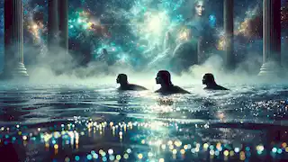 Las hermanas ninfas nadan a través del místico Río del Tiempo, rodeadas de reflejos del pasado, del futuro y de destinos posibles.