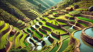 Campos agrícolas en terrazas de los incas con sistemas de riego en los Andes.
