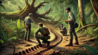 Lucas, el Dr. Almeida y Joaquim examinan extrañas huellas y surcos en un claro de la jungla.