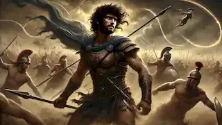 Aquiles en batalla en las llanuras de Troya, enfrentándose a su final previsto.