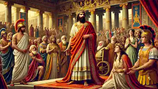 Edipo coronado como Rey de Tebas, en un gran salón junto a la Reina Yocasta y los ciudadanos jubilosos.