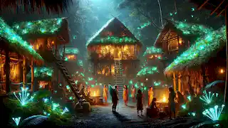 Una aldea oculta en el Amazonas brilla con musgo bioluminiscente, donde Maia se encuentra con los aldeanos.