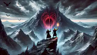 Kiprop y Kiptoo están en la cima de una montaña, mirando hacia un oscuro abismo que brilla en rojo.