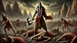 Parashurama se encuentra en medio de un campo de batalla con su hacha divina, mostrando las consecuencias de su venganza contra los reyes Kshatriya.