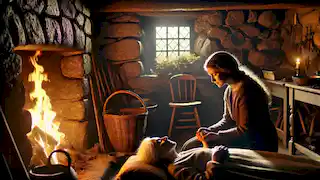 Saoirse O'Connor toma la mano de su abuela mientras ella se despide pacíficamente en una acogedora cabaña de piedra illuminada por una luz cálida.