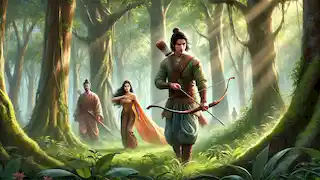 Phra Ram, Sida y Phra Lak recorren un frondoso bosque, con Phra Ram al frente y Phra Lak preparado para la batalla.