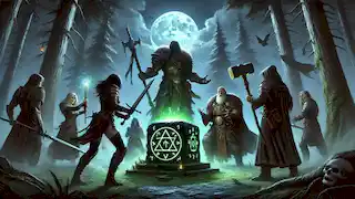 Aeris, Fenric e Kael enfrentam cultistas em um altar luminoso em uma clareira de floresta escura sob um céu iluminado pela lua.