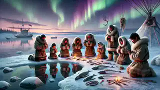 Los pueblos inuit ofrecen oraciones y regalos a Sedna en una costa cubierta de nieve, bajo las luces del norte.