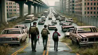 Joel y Ellie caminan con cautela por una autopista abandonada, rodeados de coches oxidados y plantas desbordadas.
