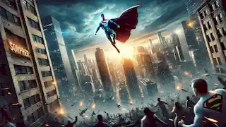 Un héroe vuela sobre Metrópolis con su capa ondeando, mientras las personas miran hacia arriba asombradas desde las calles de la ciudad.