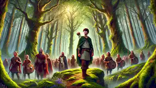 Fionn mac Cumhaill liderando a los guerreros Fianna a través de un bosque encantado.